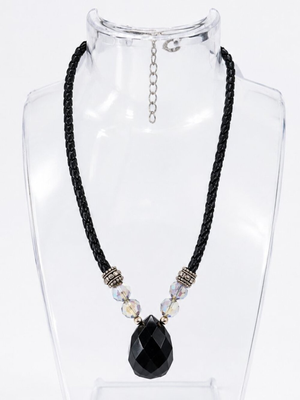 Black Braided Cord Necklace with Faceted Black Teardrop Pendant & Crystal Accent